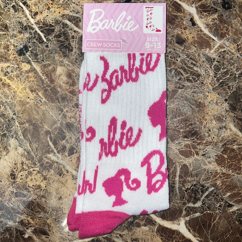Barbie Pink & White Name and Silhouette Crew Socks Size 9-13 NWT
